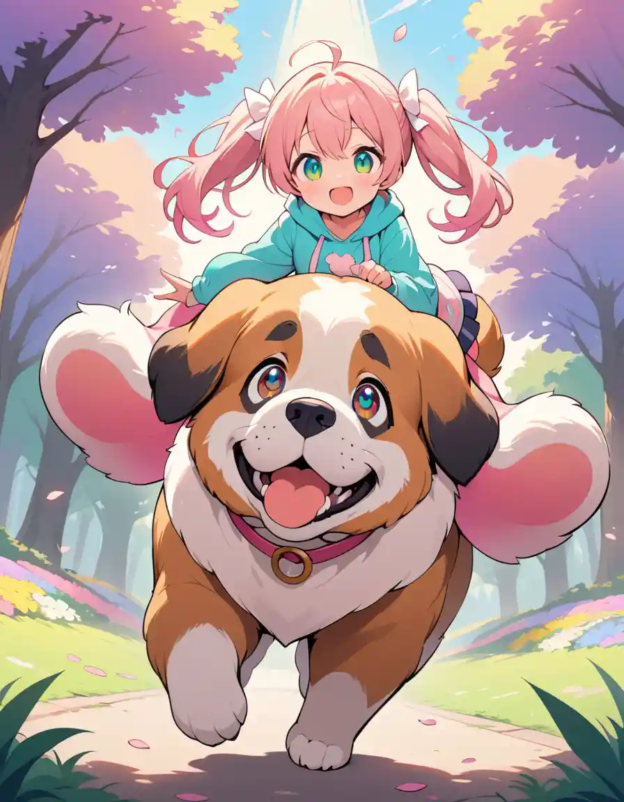Cute anime girl riding a giant fluffy saint bernard