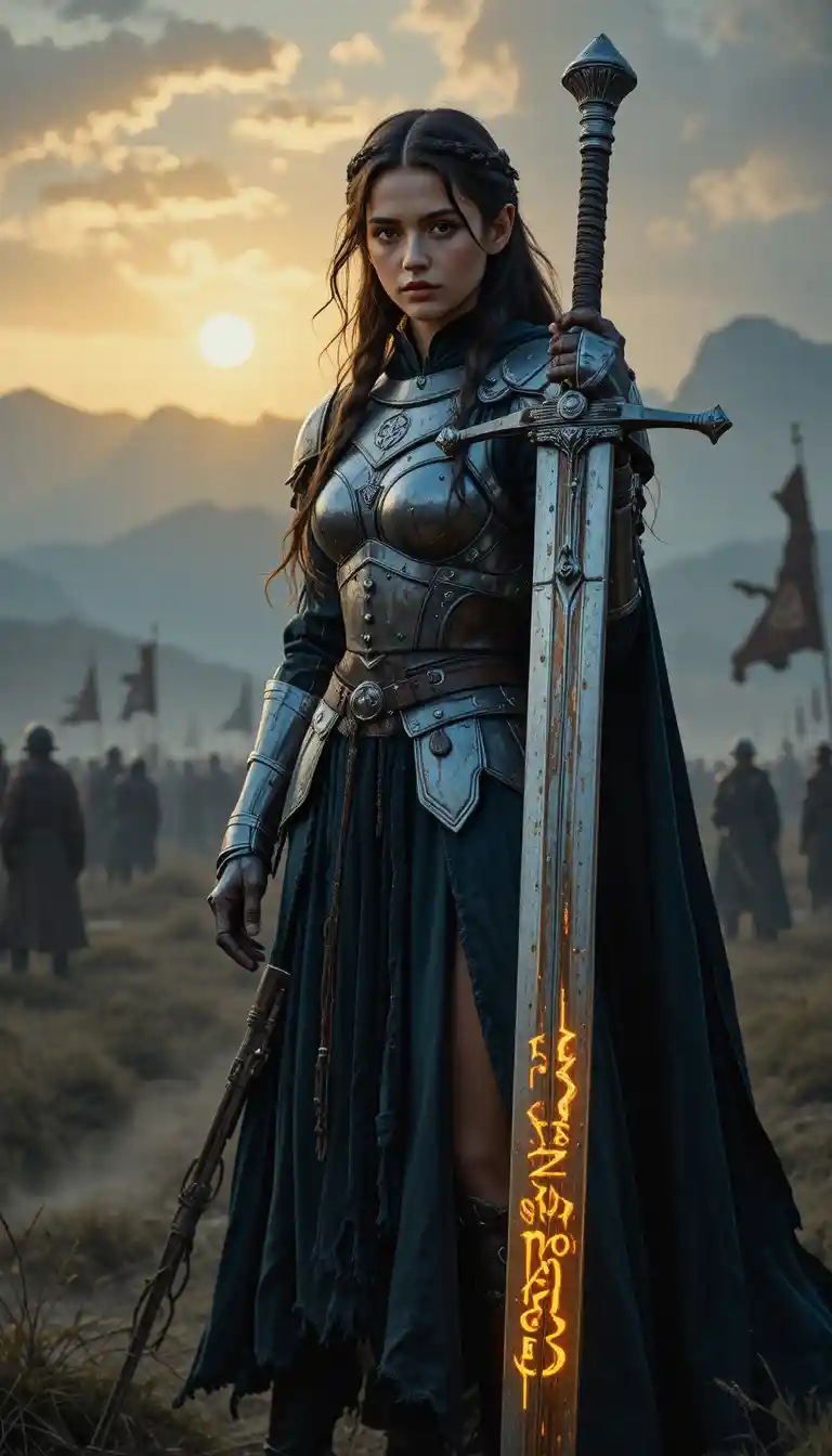 Elf warrior princess resting on her runed greatsword