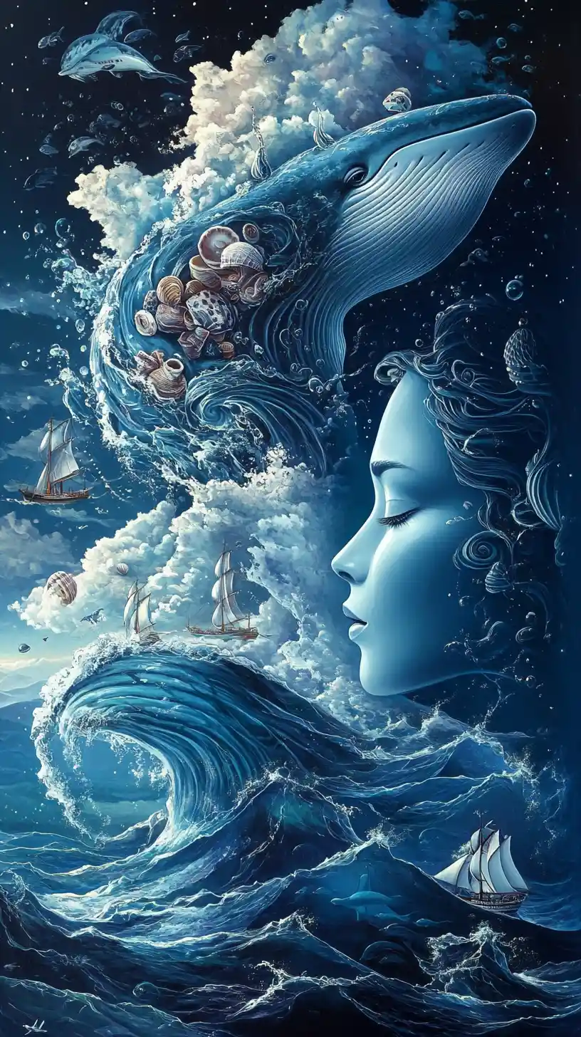Surreal ocean faces emerging from waves and sea life