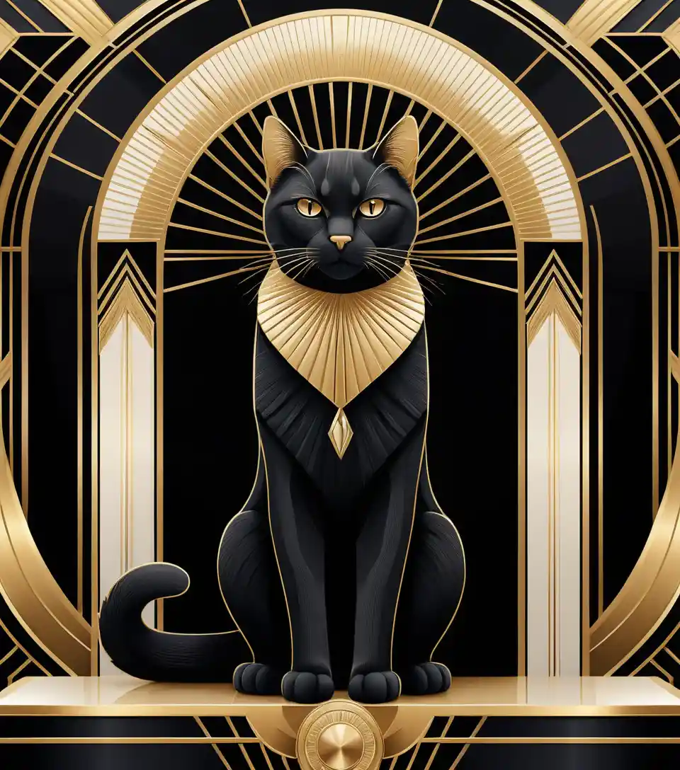 Regal art deco cat on geometric pedestal in gold tones