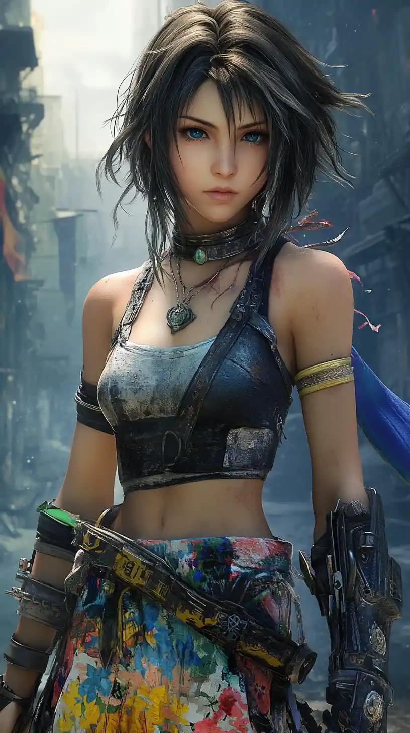 Defiant summoner girl in ruins with mechanical staff