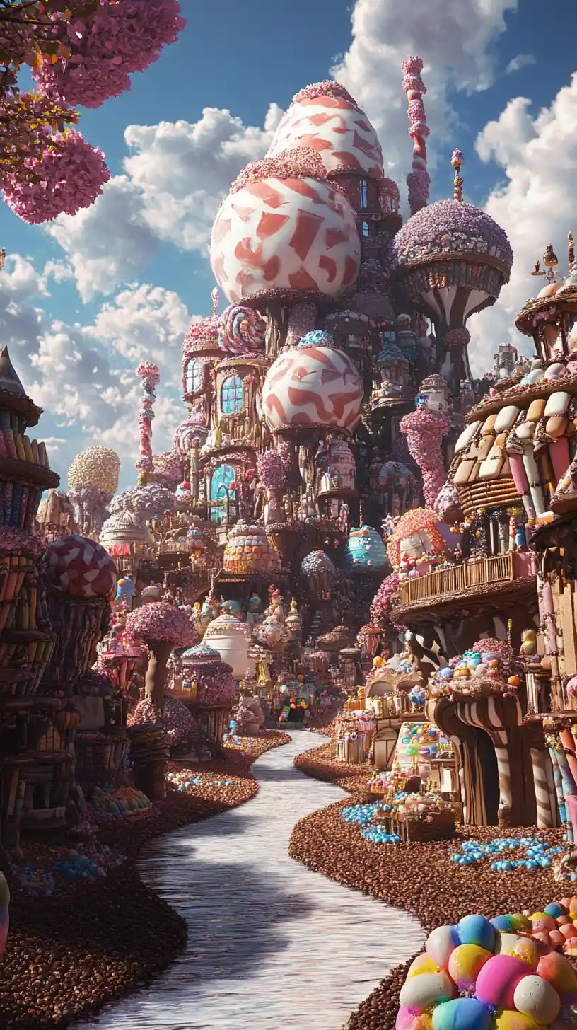 Spooky candy world with chocolate river and sweet forests
