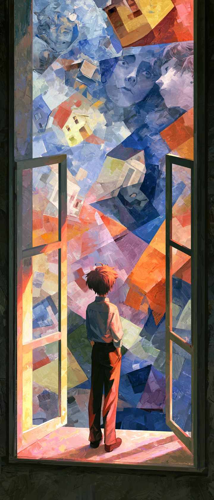 Chica de anime en una ventana abierta frente a un cielo surrealista