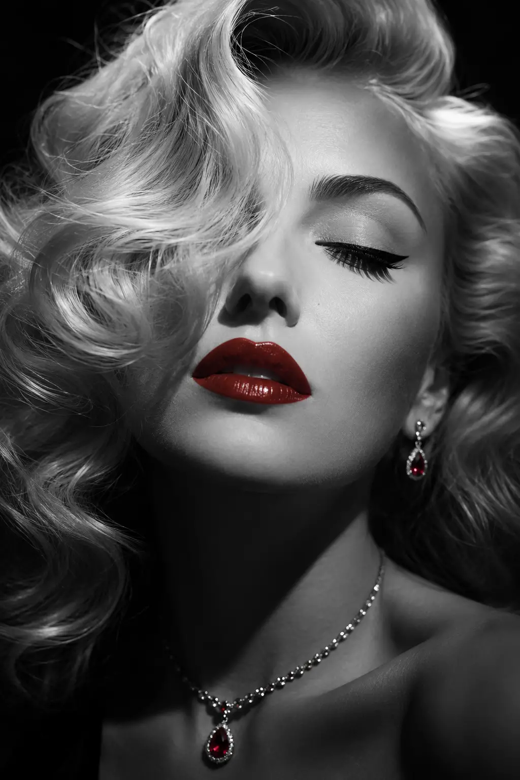 Monochrome close up portrait of a woman with red lips