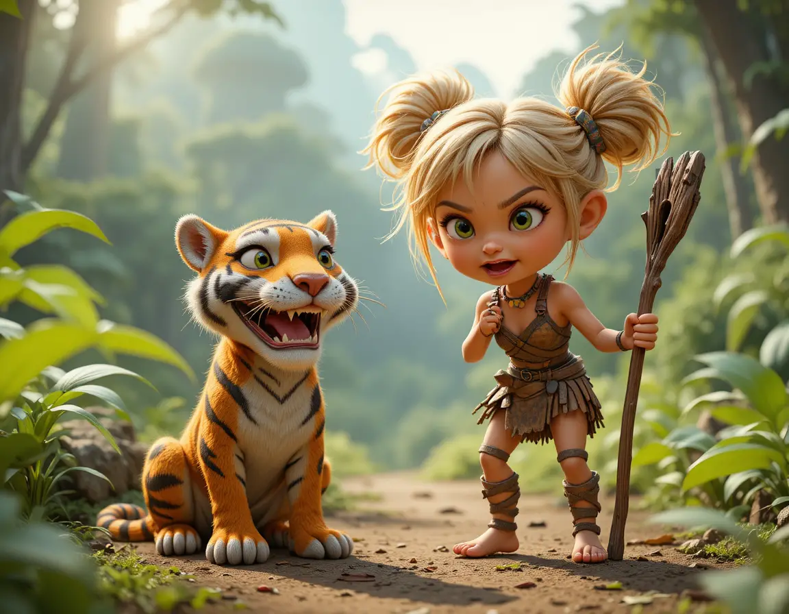 Cave girl and saber toothed tiger cub in prehistoric forest