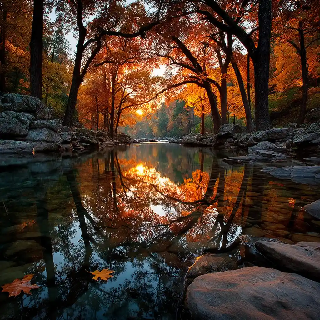 Autumn forest river reflecting fiery trees and fallen leaf