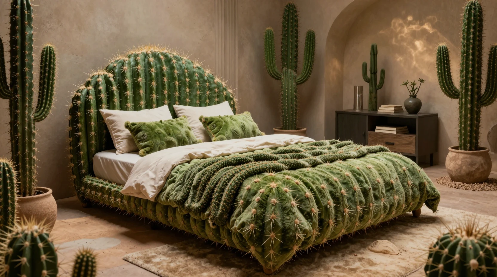 Surreal Bedroom With Giant Cactus Bed And Desert Decor