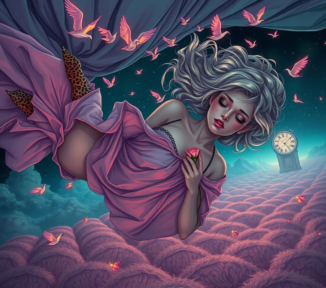 Woman drifting in surreal cosmic dreamlike freefall