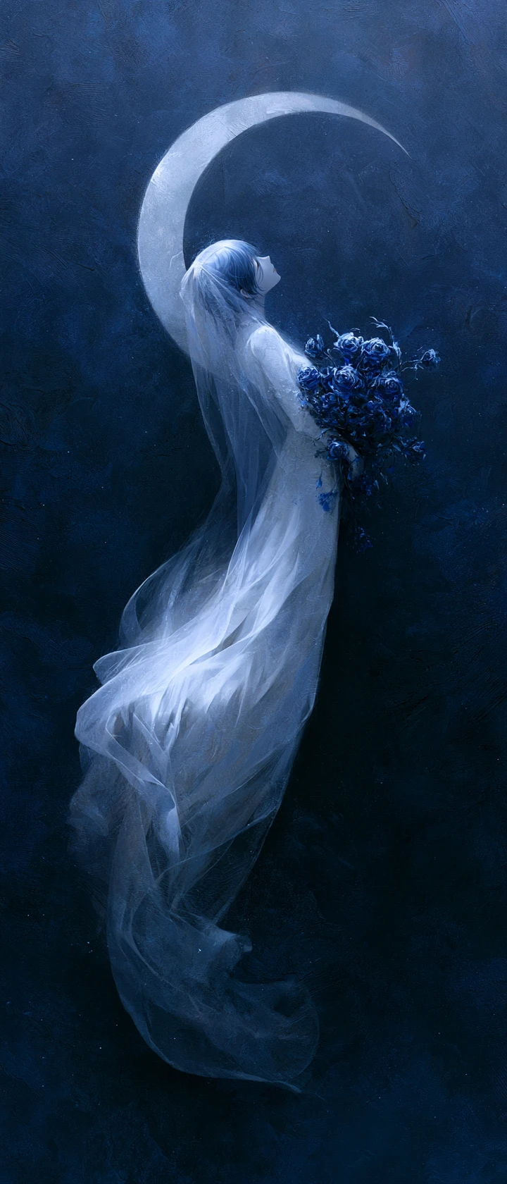 Floating anime bride in a dark indigo surreal void