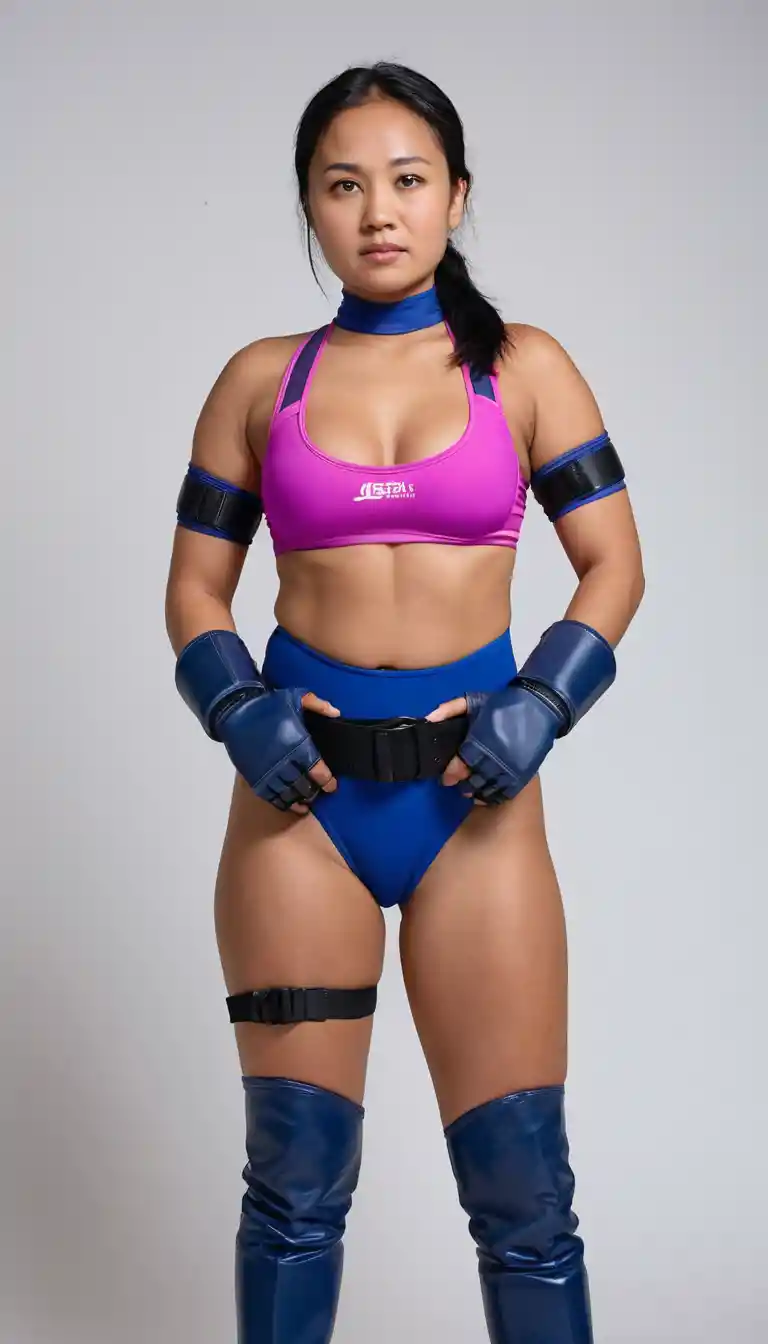 Ritratto dal basso di una donna sudata in body blu scuro