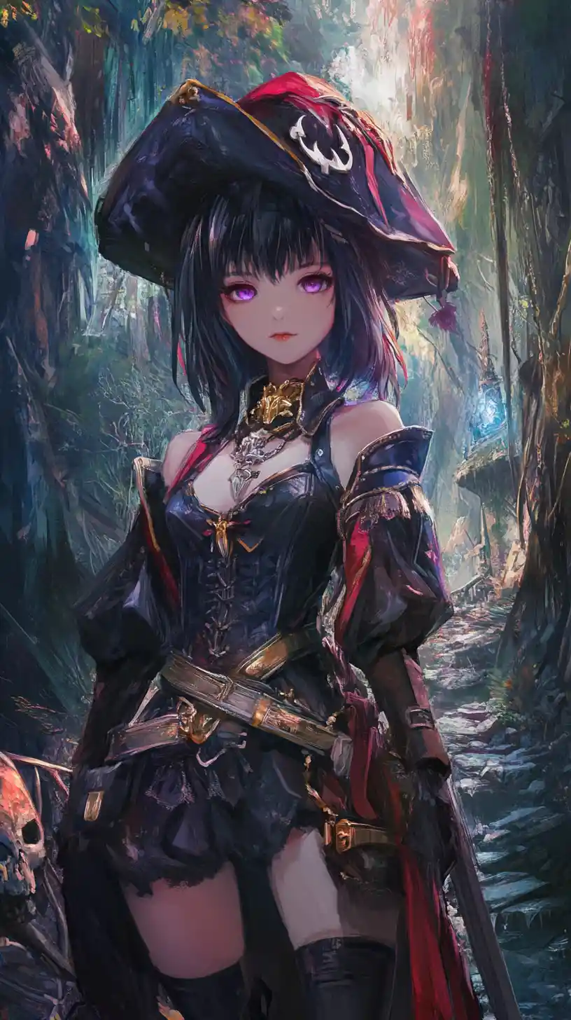 Guerriera anime con spada in abito blu e rosso ornato