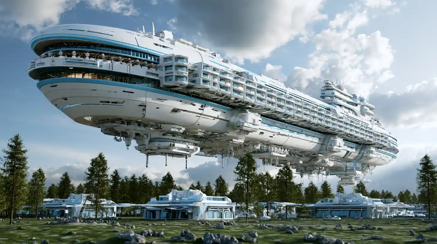 Massive deep space cruise liner landing on green planet