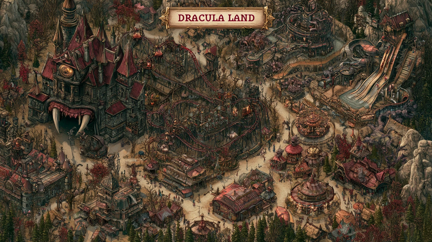 Steampunk Dracula Land Theme Park With Monster Attractions