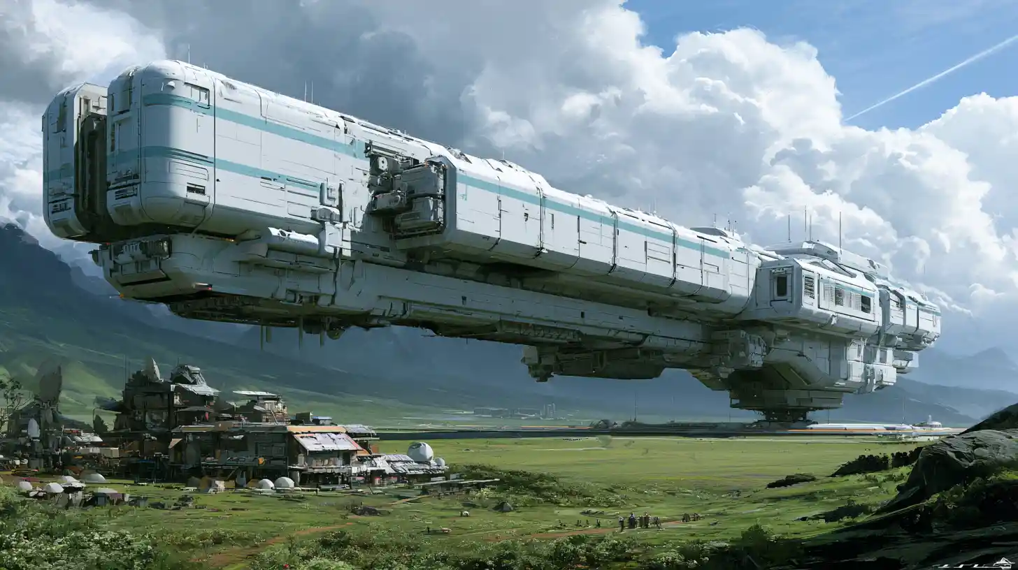 Colossal deep space transport landing on distant green world