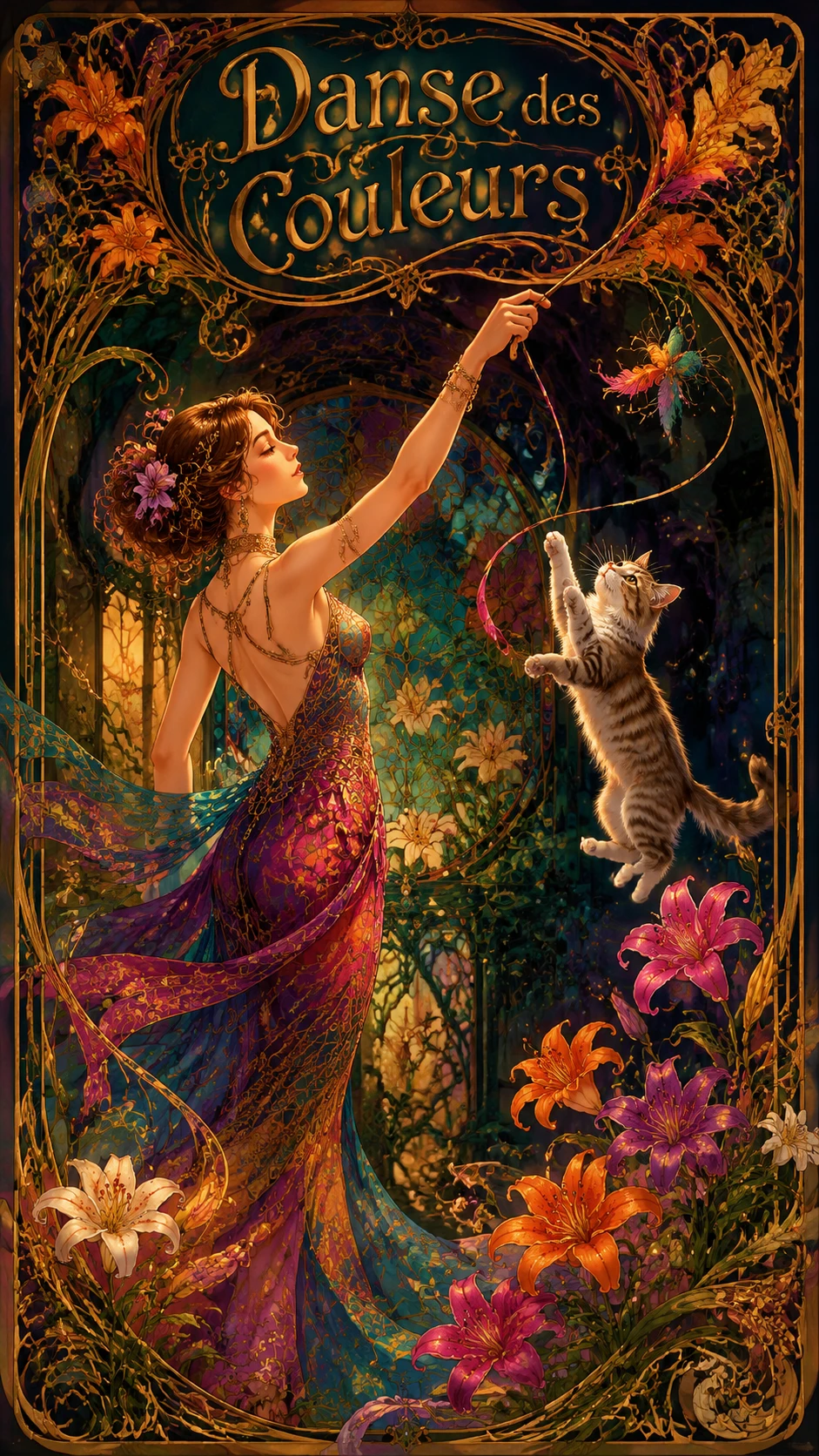 Mujer elegante jugando con juguete para gato en estilo art nouveau