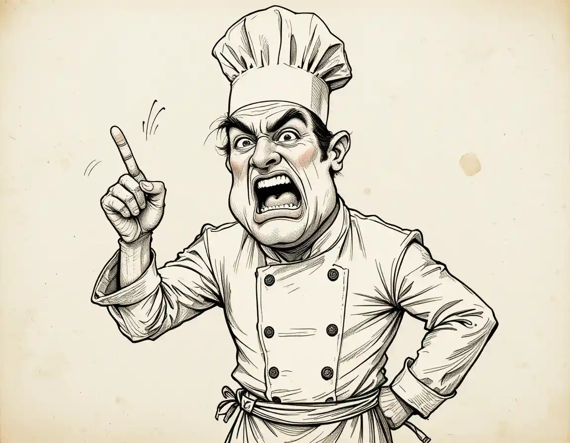 Frantic Cartoon Chef Pointing With Bandaged Finger In Sketch Style
