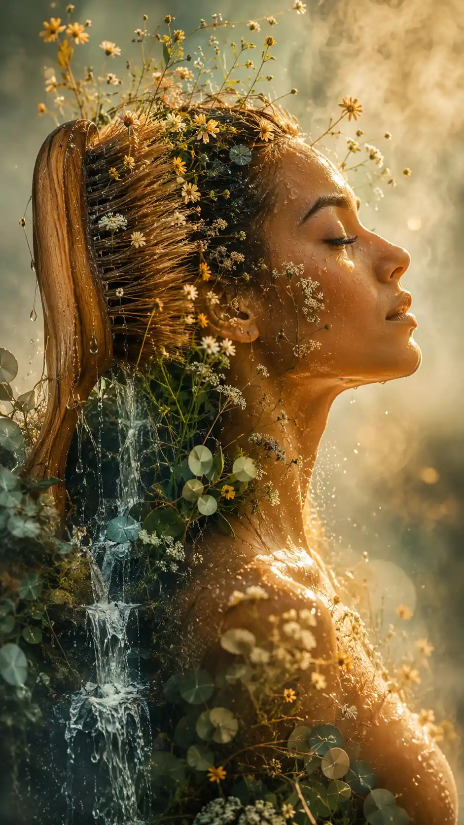 Surreal double exposure portrait of woman and blooming nature
