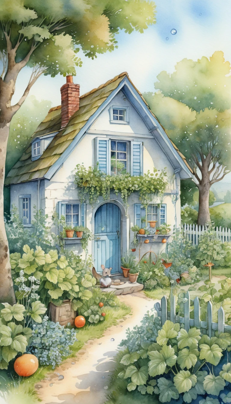 Laughing Mouse In A Cottage Garden Watercolor Illustration