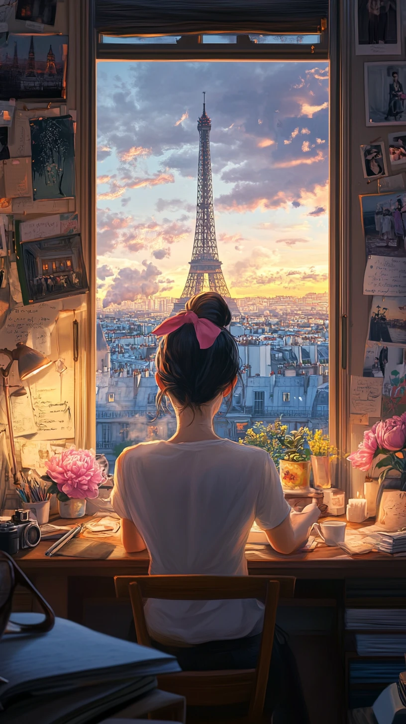 Anime-Mädchen am Schreibtisch, das bei Sonnenuntergang auf den Eiffelturm blickt