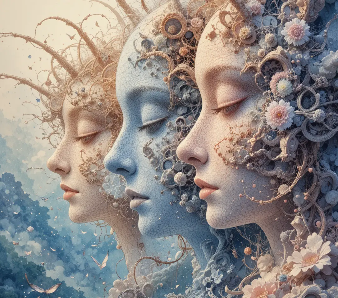 Surreal pointillist faces built from fractal fibonacci patterns