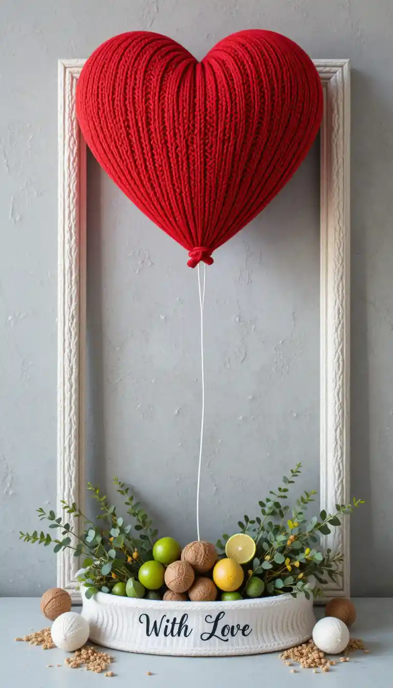 Red knitted heart balloon with with love ribbon