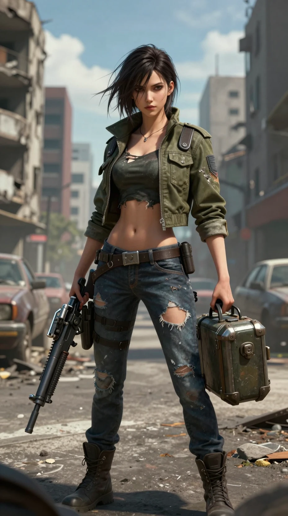 Armed young female warrior in a ruined city street