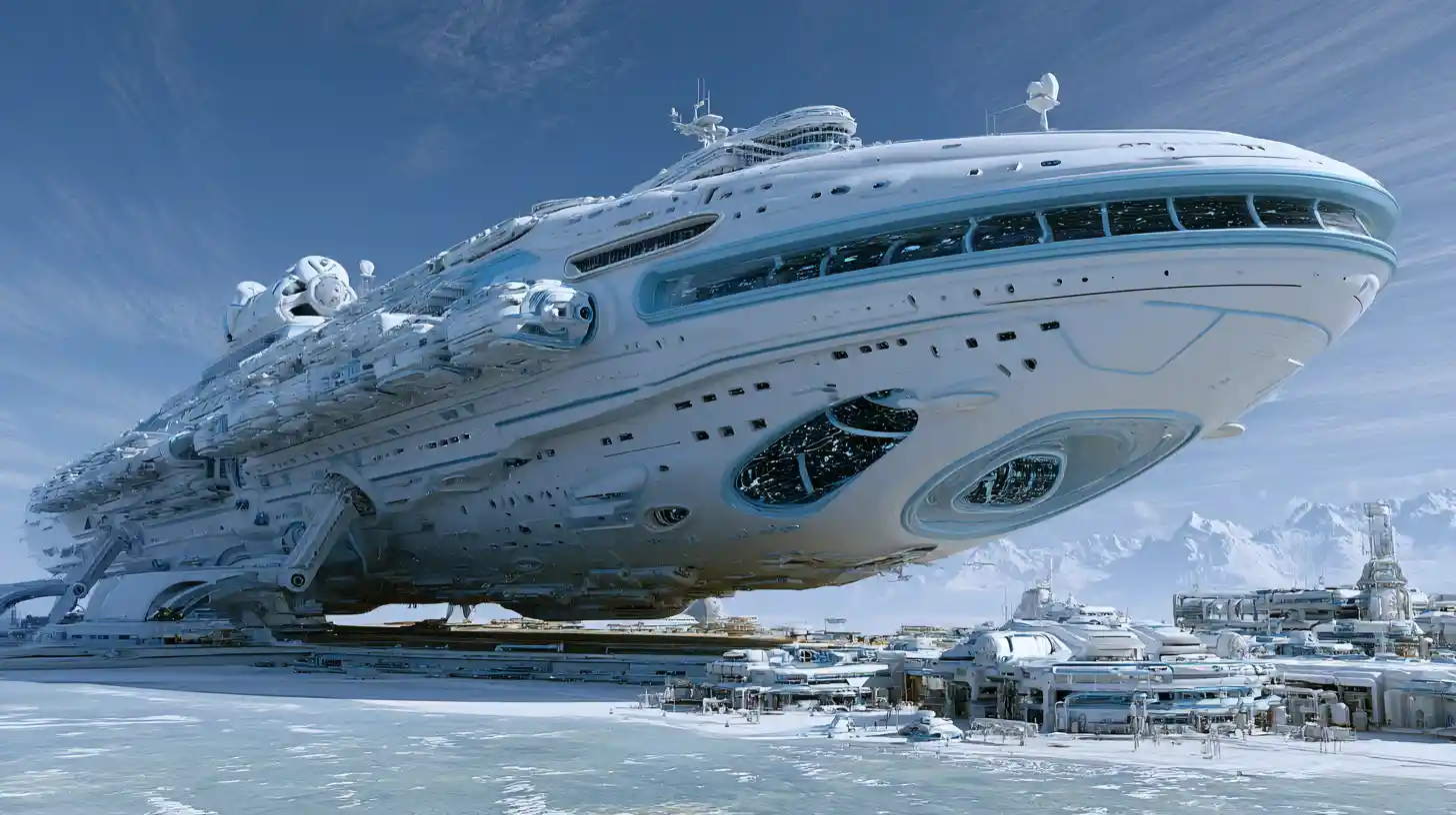 Gigantic deep space cruise liner landing on green planet