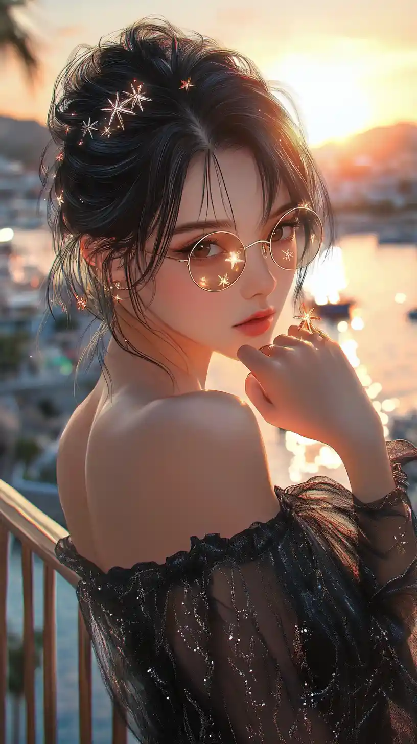 Elegant anime woman at sunset on a coastal balcony