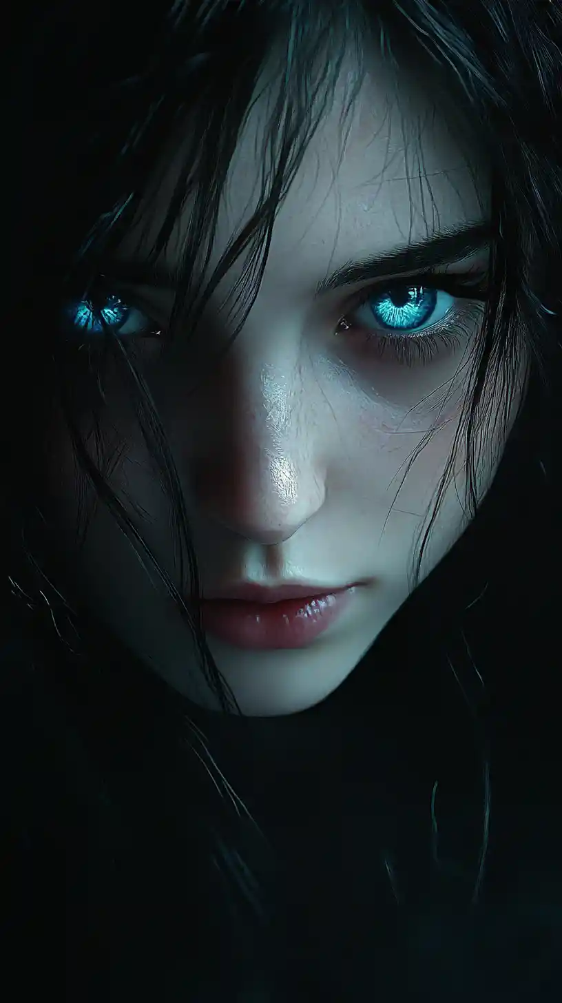 Blue eyed anime girl in a dark mysterious close up portrait