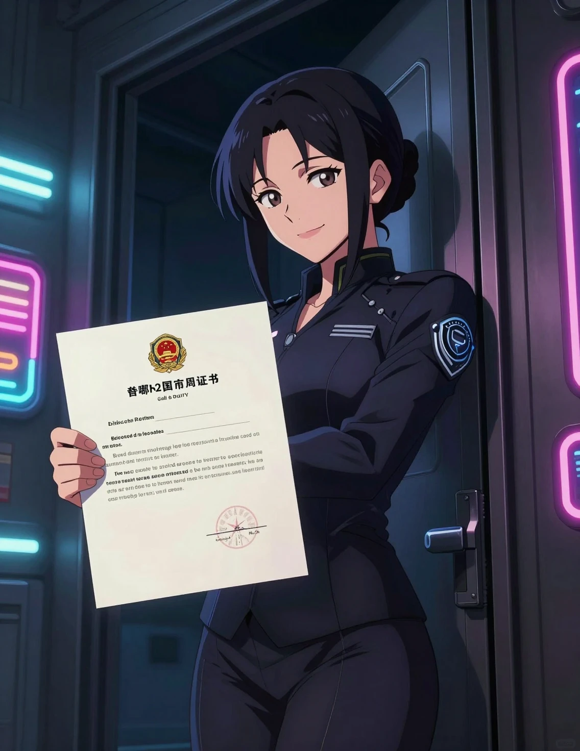 Anime officer woman smiling with official document at doorway