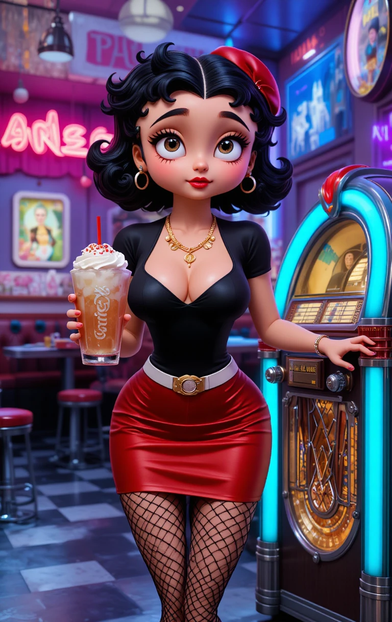 Curvy retro woman in diner beside jukebox with soda