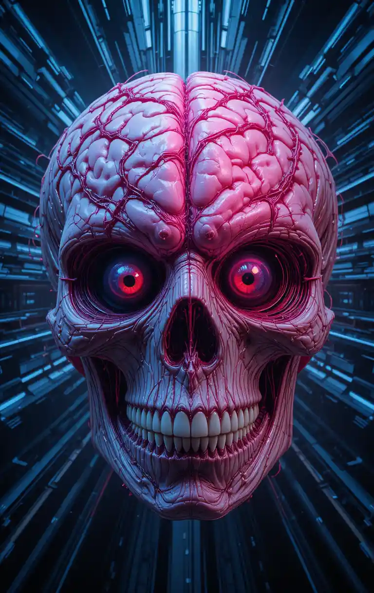 Pink bulging brain in an open skull with googly eyes