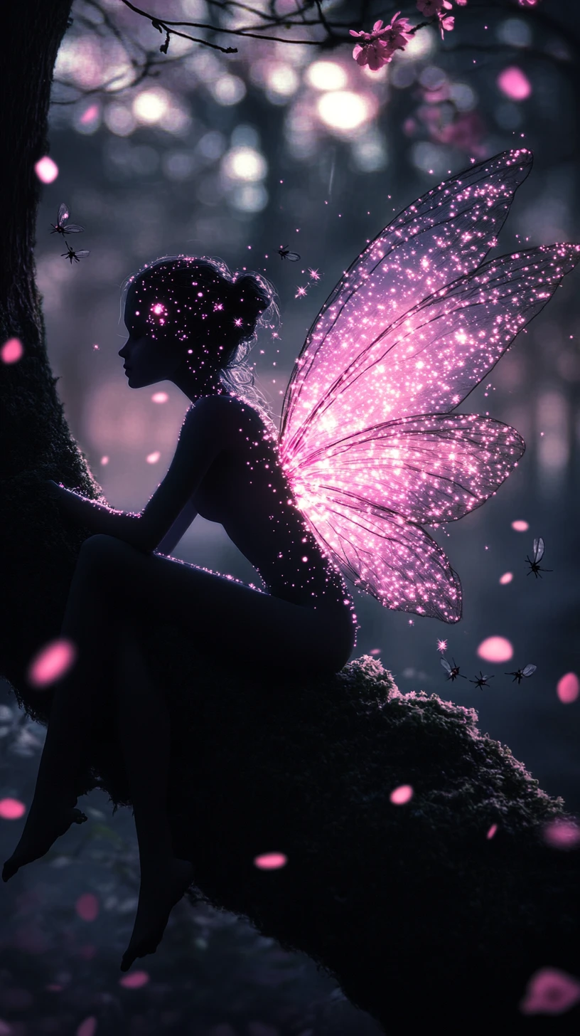Glowing Pink Fairy On A Dark Forest Tree Branch
