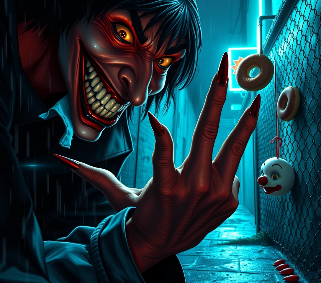 Predatory man looming over terrified victim in alleyway