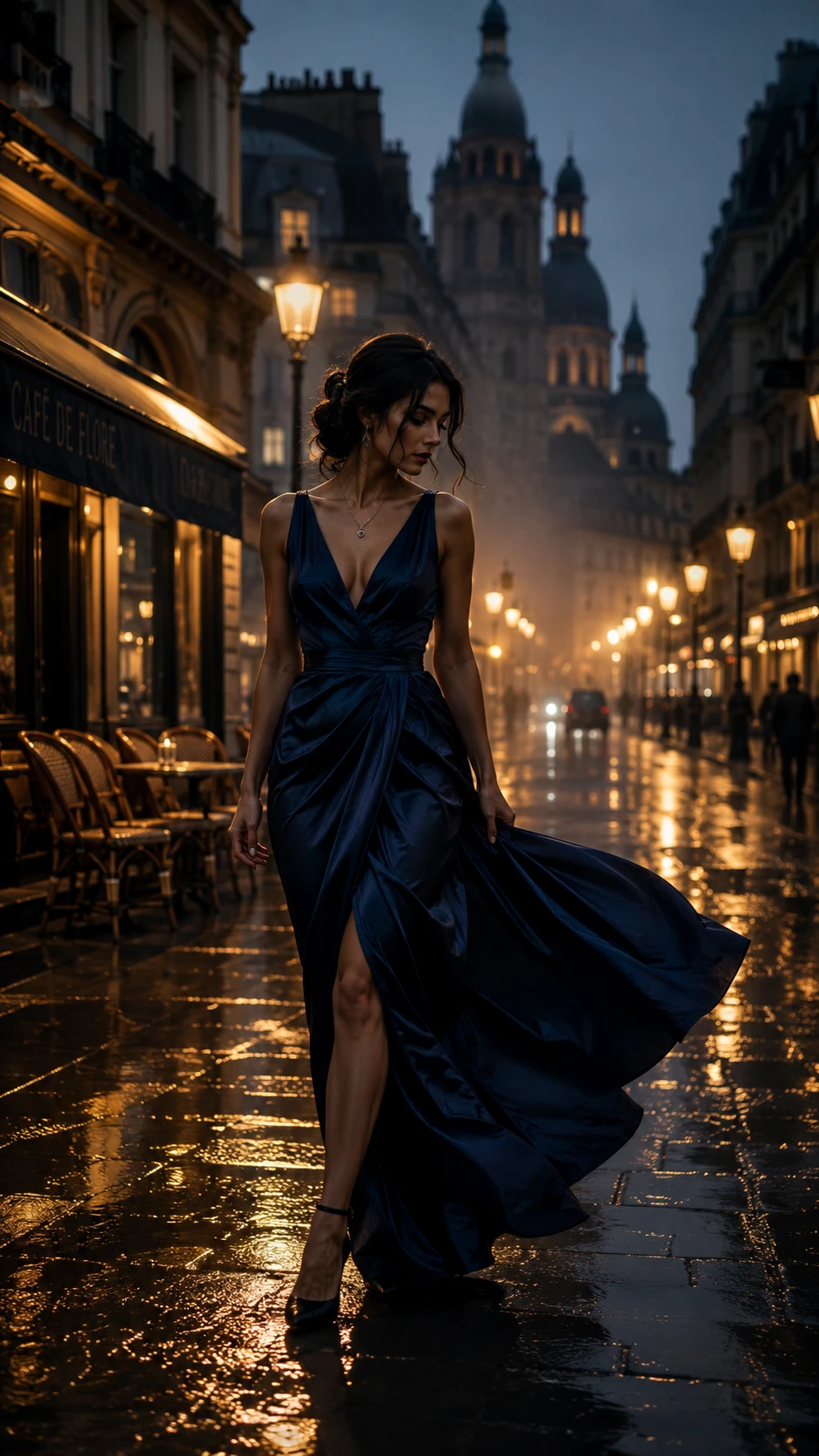 Mujer elegante caminando sola por un bulevar europeo lluvioso