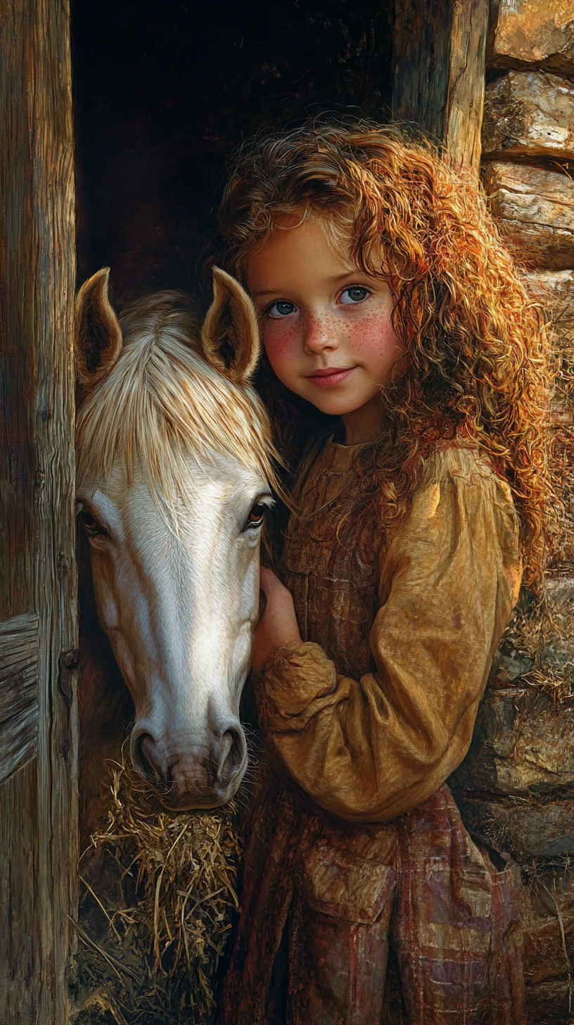 Freckled girl with pony at a mystical old barn