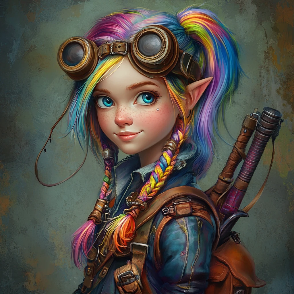Colorful haired gnome girl artificer with magical musket
