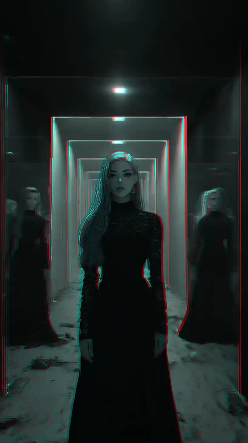 Elegant woman in an endless mirrored corridor with surreal depth