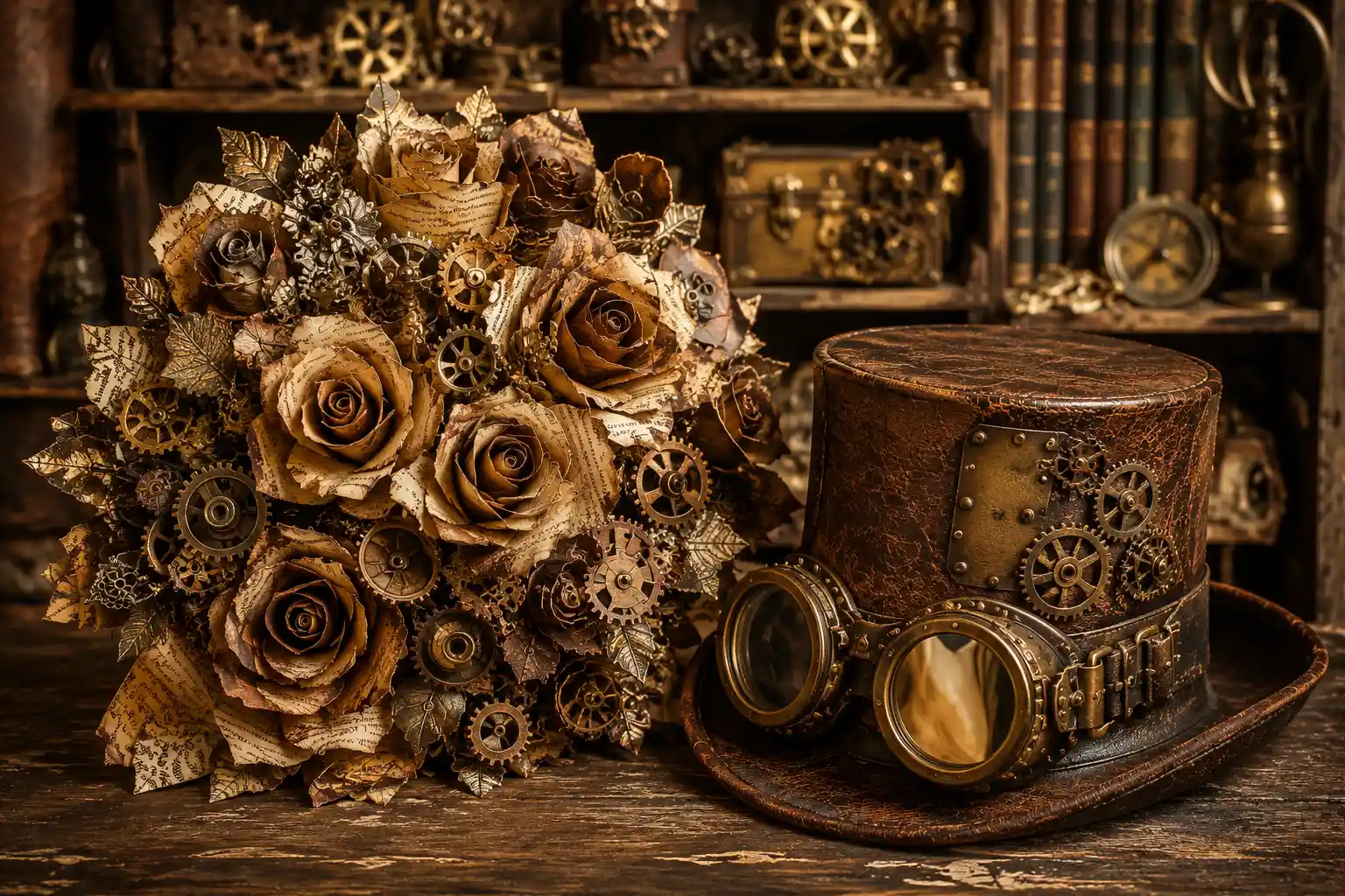 Steampunk bridal bouquet and leather top hat still life