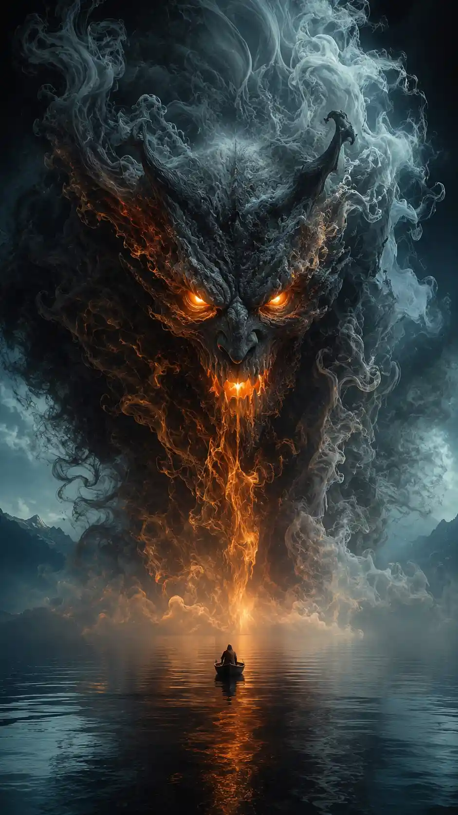 Demonic figure emerging from swirling smoke over water