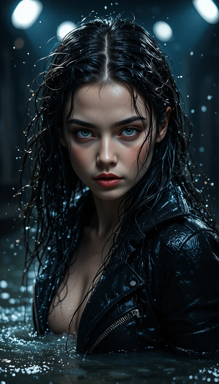 Intense young girl emerging from dark splashing water