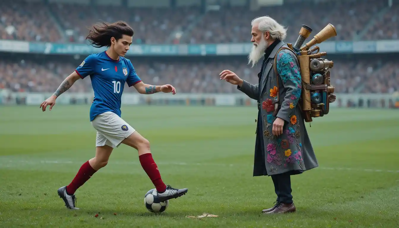 Soccer star facing eccentric old inventor on green field