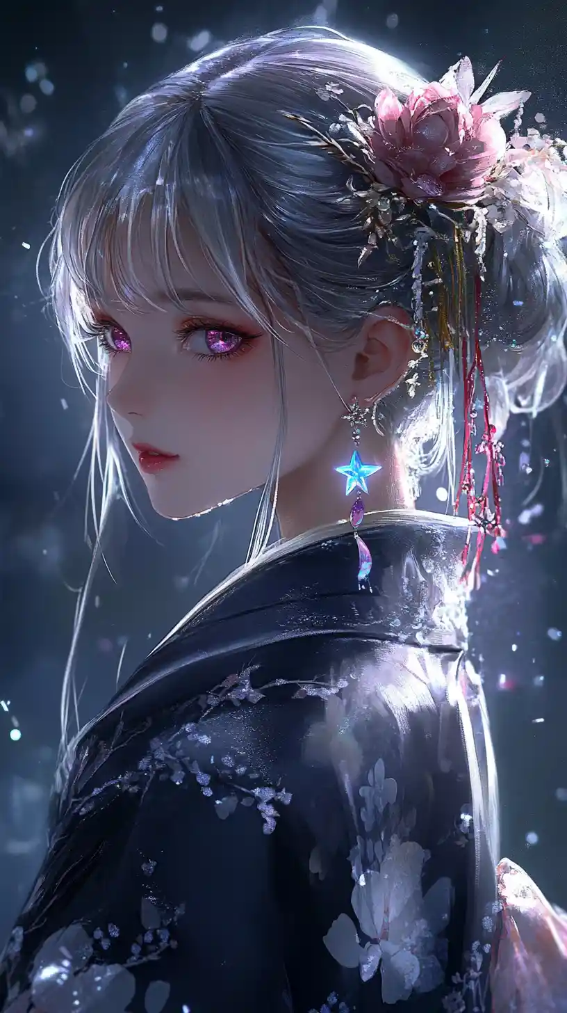 Silver haired anime girl in kimono with glowing bokeh