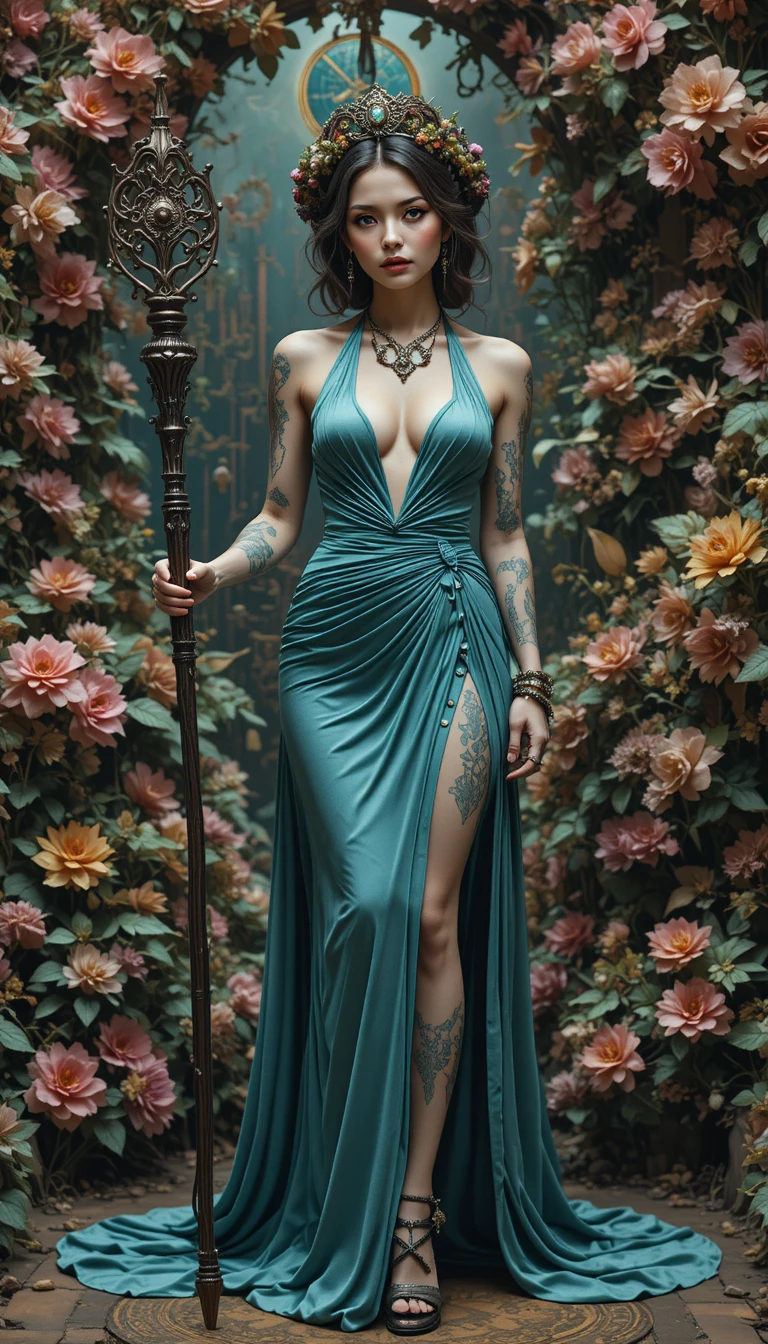 Fantasy woman in halter gown holding staff among flowers