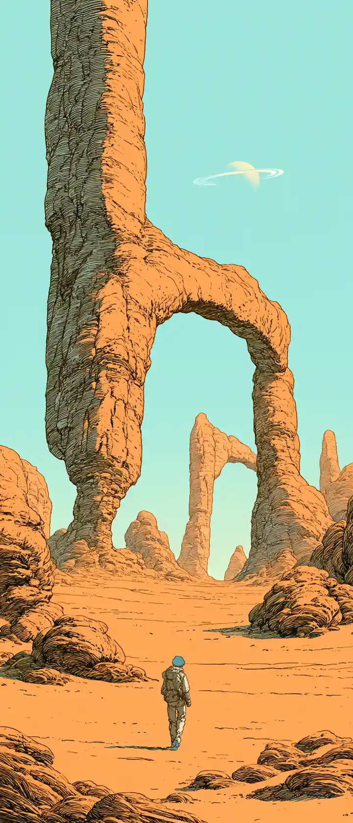 Anime girl walking alone in surreal desert archway
