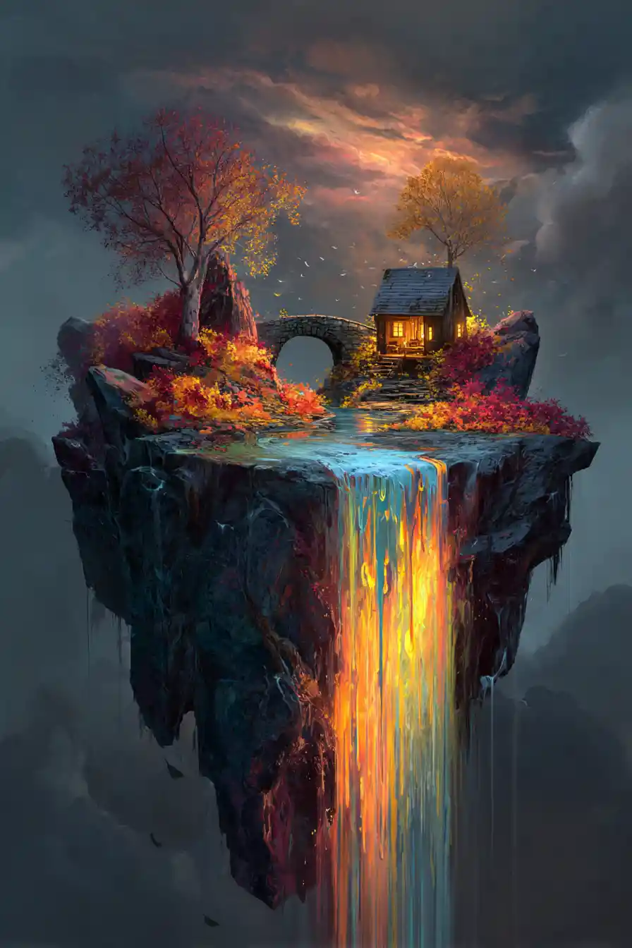 Floating island with colorful waterfall and autumn foliage