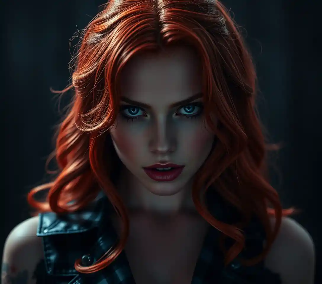 Intense redhead outlaw woman in dramatic cinematic portrait