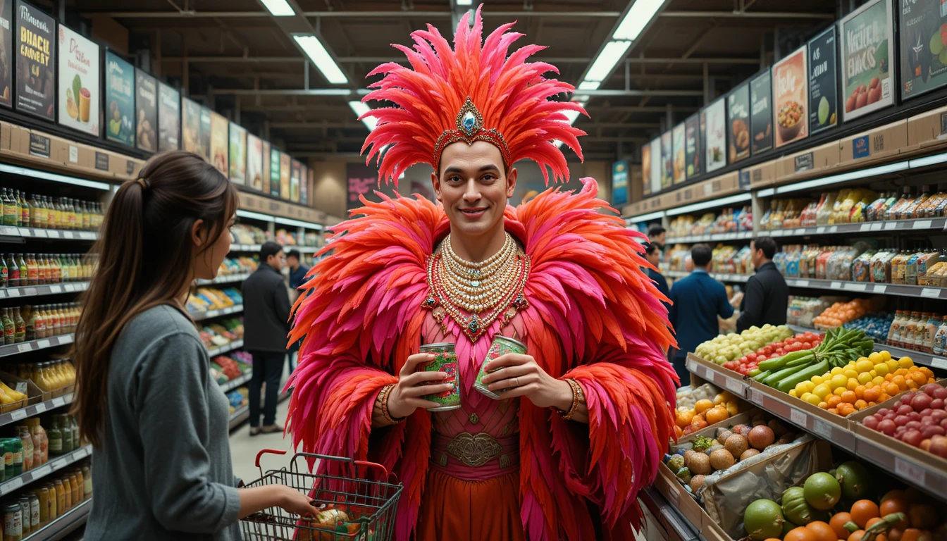 Man in feathered costume shopping in a supermarket aisle