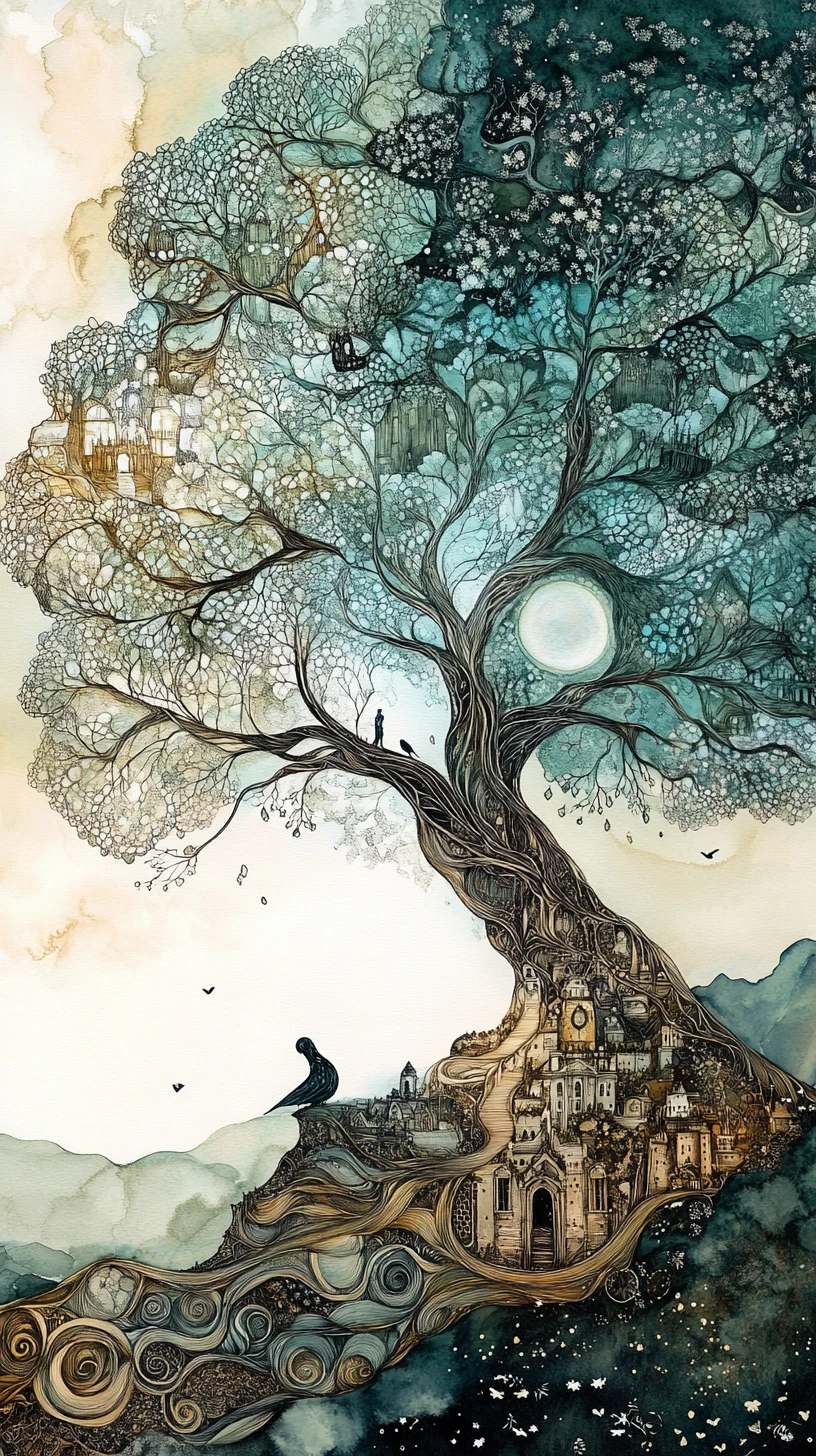 Colossal memory tree filled with tiny dreamlike scenes