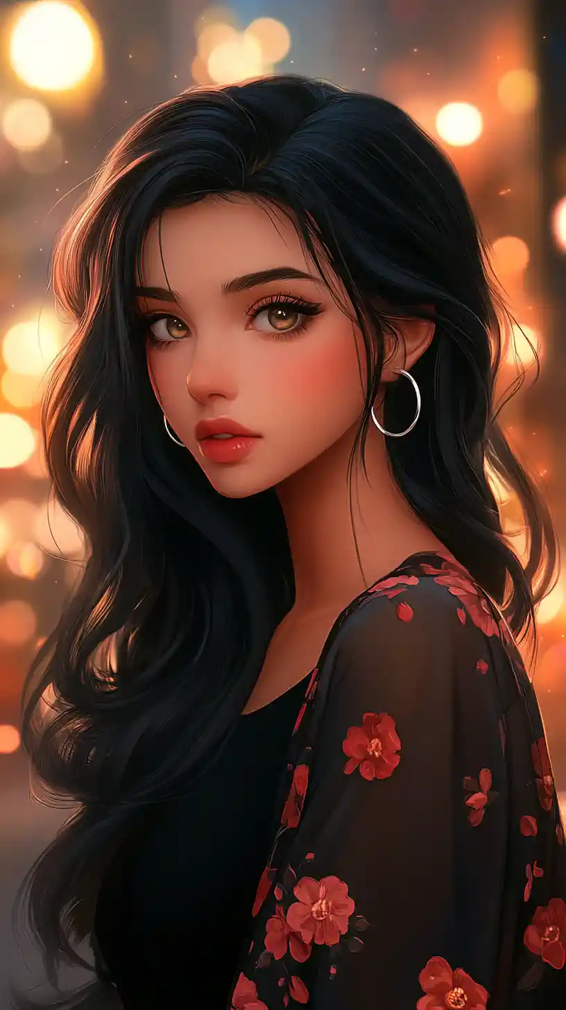 Anime girl portrait against dreamy twilight city lights